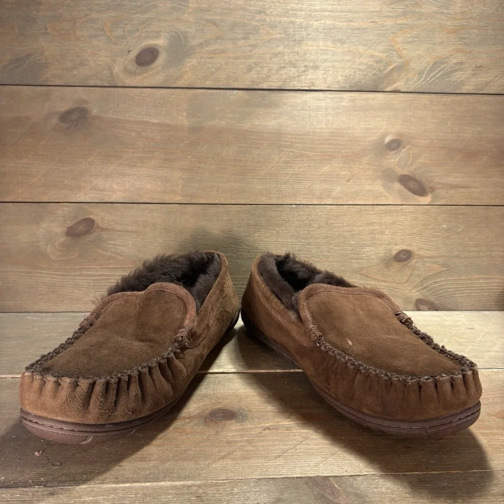 ll bean wicked good mens size 8 shoes brown suede shearling lined slippers